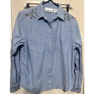 Casey & Max chambray shirt blue floral embroidered western sz M tiny flaw